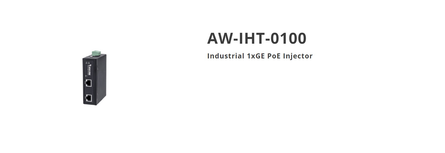 Vivotek AW-IHT-0100 Industrial Gigabit PoE Injector -40°C ~ 75°C (-40°F ~ 167°F)